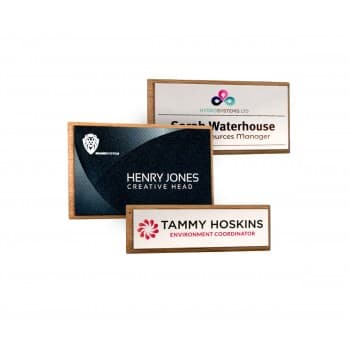 Personalised real wood framed name badges